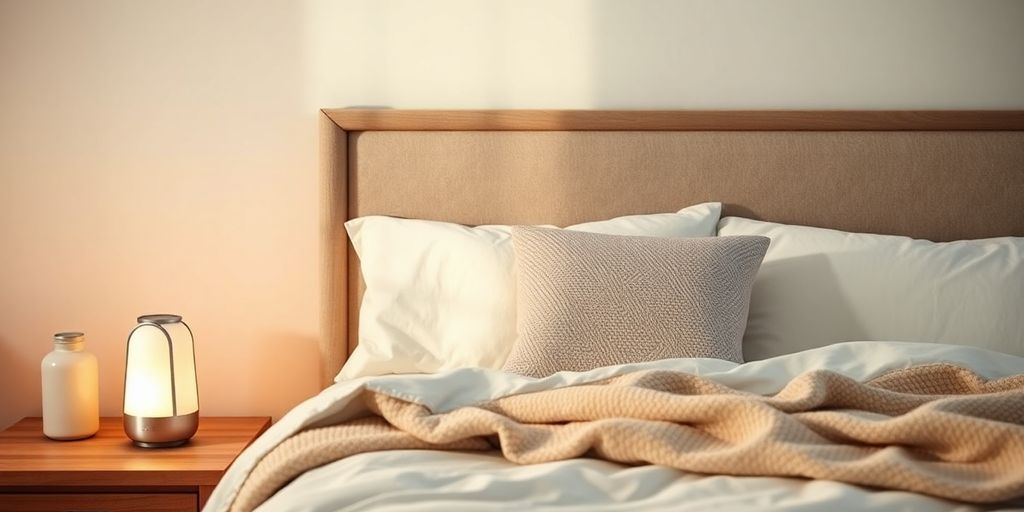 Cozy bedroom with soft lighting and inviting decor for sleep.