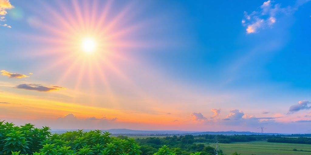 A vibrant sunrise over a peaceful landscape.