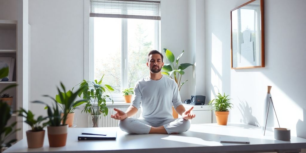 Person meditating at a clean desk with plants.