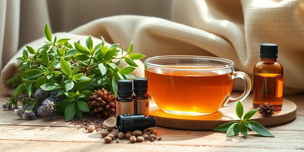 Herbal remedies and warm tea for pain relief.