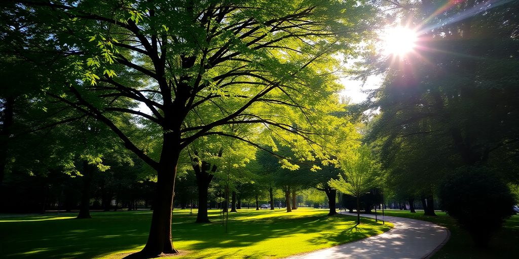 Tranquil park scene with sunlight and walking path.