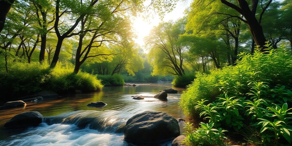 Serene landscape with greenery and flowing water for wellness.