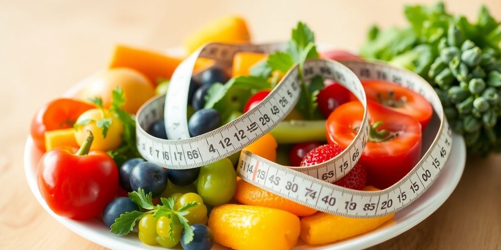 Colorful fruits and vegetables on a plate with measuring tape.