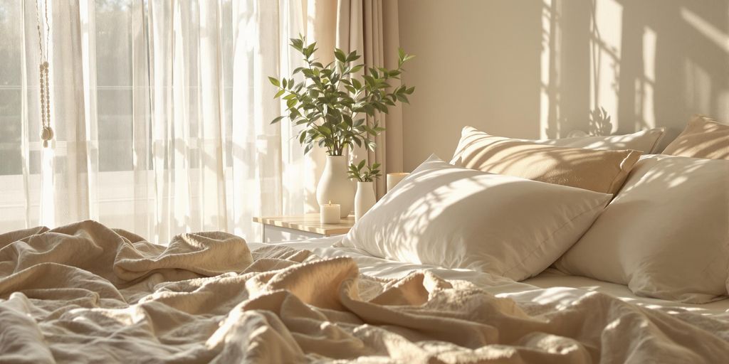 Cozy bedroom with soft bed and calming decor.